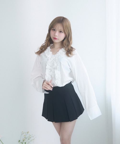 bibiy ストライプ フリル Tシャツ　ブルー AMBIDEX Store ○ストライプワイドショートシャツ(F イエロー): yuni