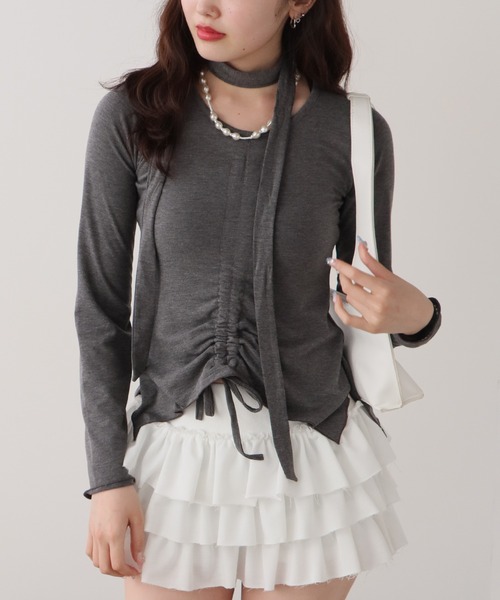 tシャツ 脇ギャザー前スリットトップス レディース CIAOPANIC TYPY tシャツ 「shay」カップ付フロントスリット