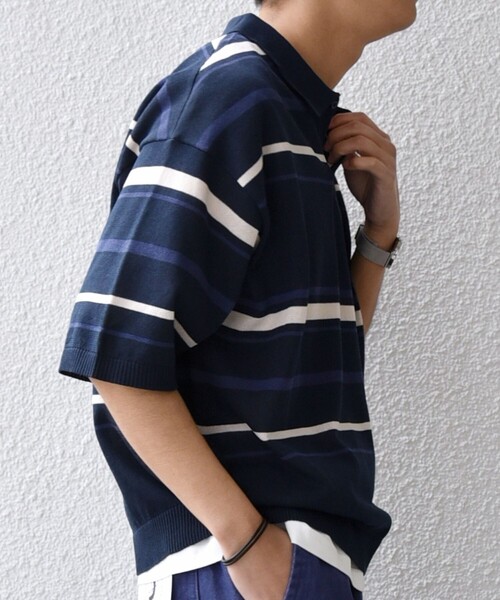 スキッパーポロニット≪手洗い可能≫ SHIPS any ポロシャツ any:「手洗い可能」リネンミックス