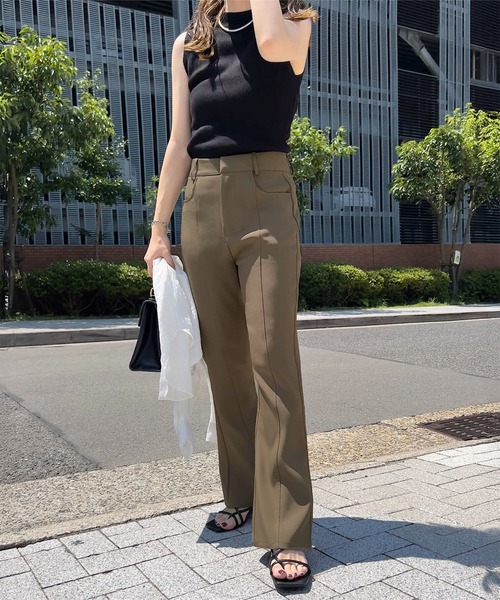 【関税込み】DRAE ベージュ フレアパンツ ジャージタッチ スリットフレアパンツ フレアパンツ スリット