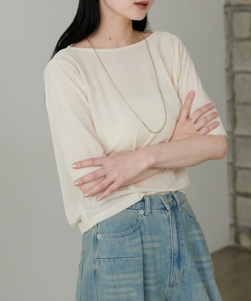 tシャツ 「LARUTA」シアーベロア5分袖ドレーププルオーバー レディース