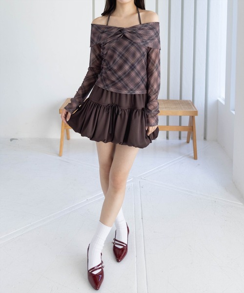 clear tシャツ ホルターキャミ付きチェックカットチュールトップス