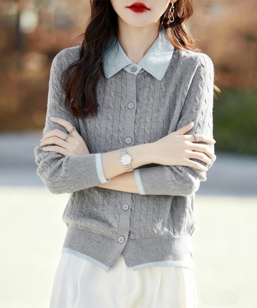 カーディガン 配色襟付きケーブル編みカーディガン レディース