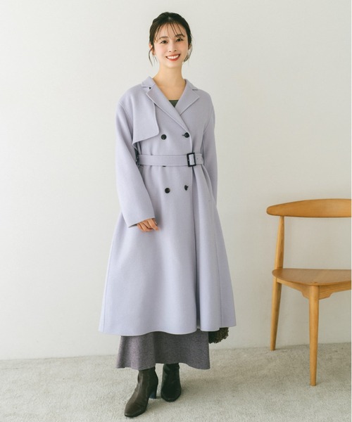 【美品】COHINAコヒナ　リバーコート　ライトウール　ミディ丈　ウエストリボン フーディーリバーロングコート | 小柄・低身長女性向けファッション