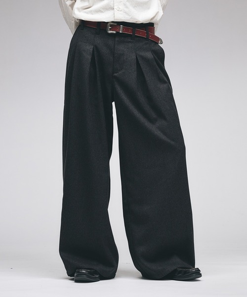Adoon plain スラックス Wool-Like Box-Pleated Wide Slacks / ウール