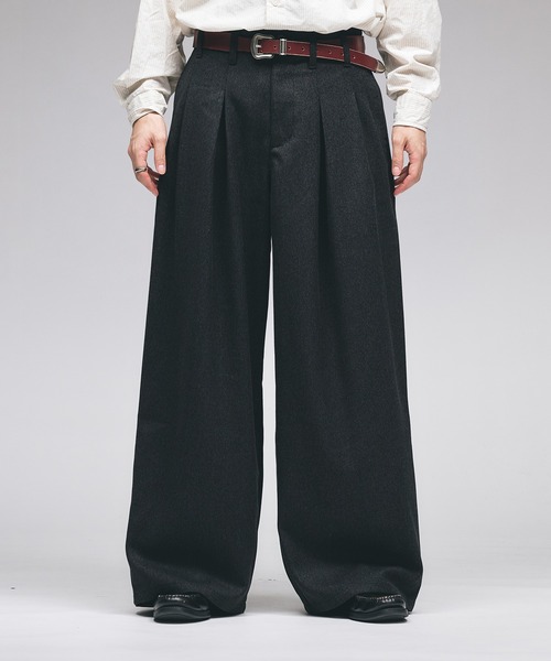 Adoon plain スラックス Wool-Like Box-Pleated Wide Slacks / ウール