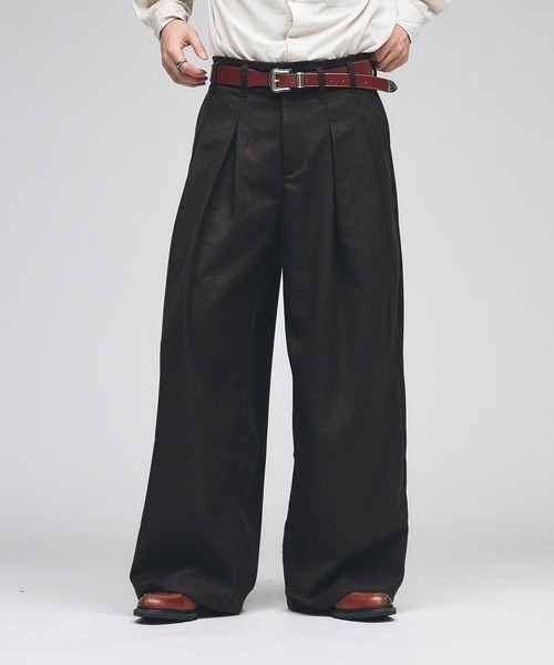 Adoon plain ワイドパンツ スラックス Wool-Like Box-Pleated Wide