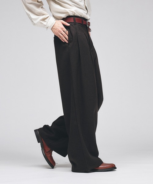 Adoon plain スラックス Wool-Like Box-Pleated Wide Slacks / ウール