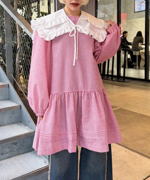 ワンダフルワールド くすみピンク色 倒しタック ピコフリル リボン ブラウス w closet（ダブルクローゼット） スカート 衿付きミニワンピース