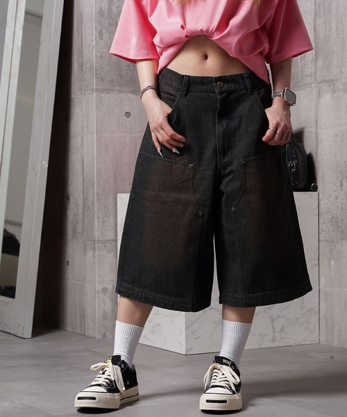 ハーフパンツ ワイドパンツ ジーンズ 短パン 12oz デニム ダブルニー