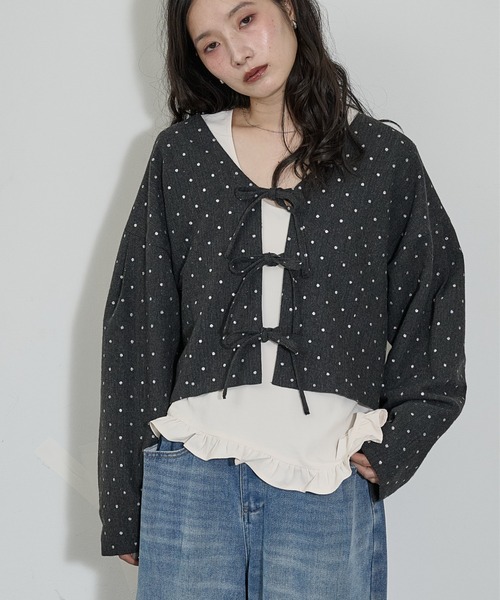 THE Yon ジャケット ノーカラージャケット 2wayグリッタードット