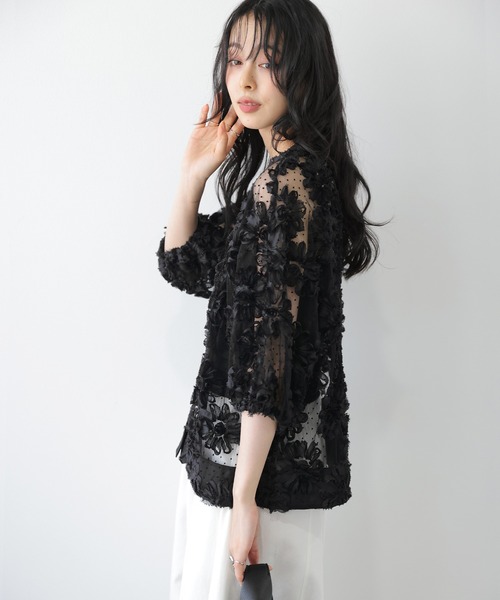 国産刺繍レース/花唐草ブラック（黒）・シアーなモモンガカーディガン カーディガン 夏 フラワーレースシアーカーディガン レディース