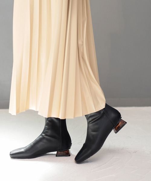 ブーツ クリアヒールのスクエアトゥストレッチショートブーツミドル オンラインストア特売 FEIT ショートブーツ ブーツ