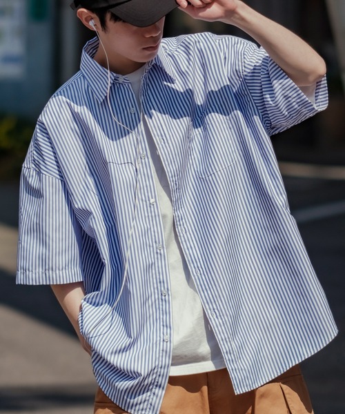 NULL シャツ 「NULL」接触冷感 速乾 ストライプ 半袖シャツ メンズ