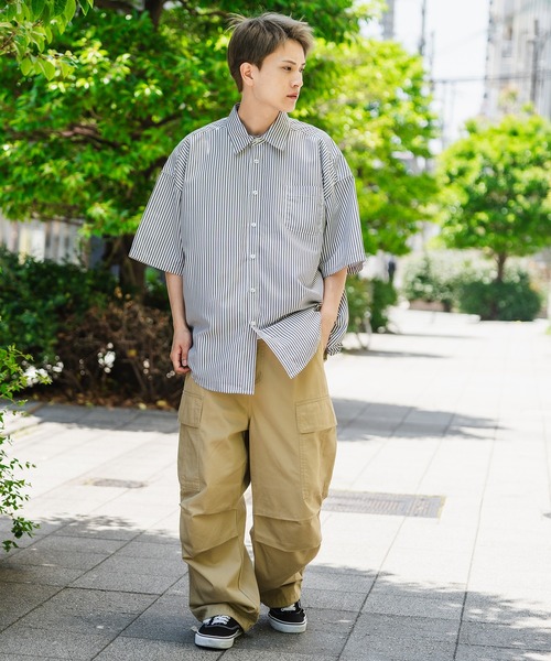 NULL シャツ 「NULL」接触冷感 速乾 ストライプ 半袖シャツ メンズ