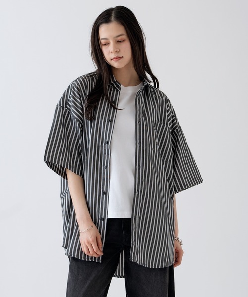 ストライプ 半袖Tシャツ ダークグレー NULL シャツ 「NULL」接触冷感 速乾 ストライプ 半袖シャツ メンズ