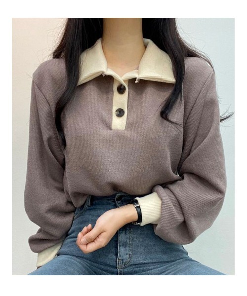 tシャツ 襟付き配色リブトップス レディース 裏起毛追加(フリー