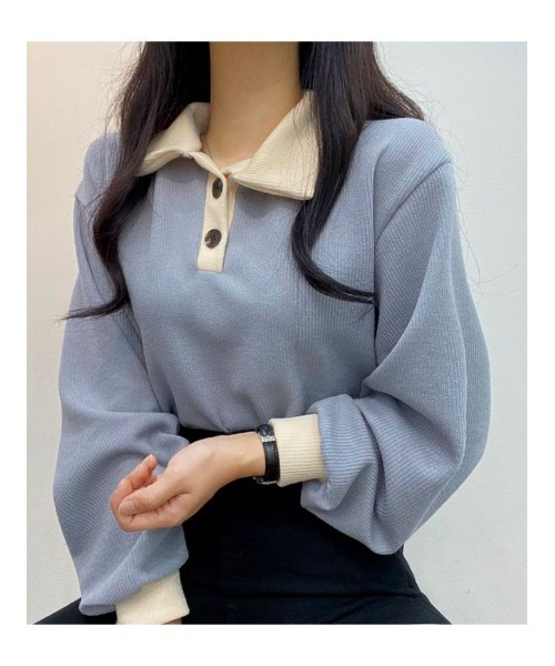 tシャツ 襟付き配色リブトップス レディース 裏起毛追加(フリー