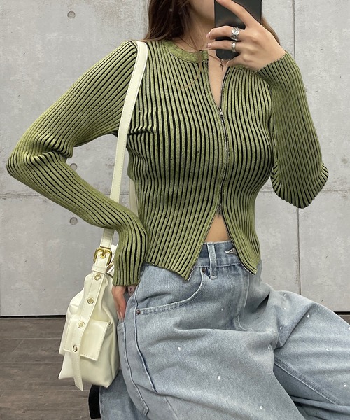 Roger&Raw tシャツ Tシャツ リブジップアップニット レディース 