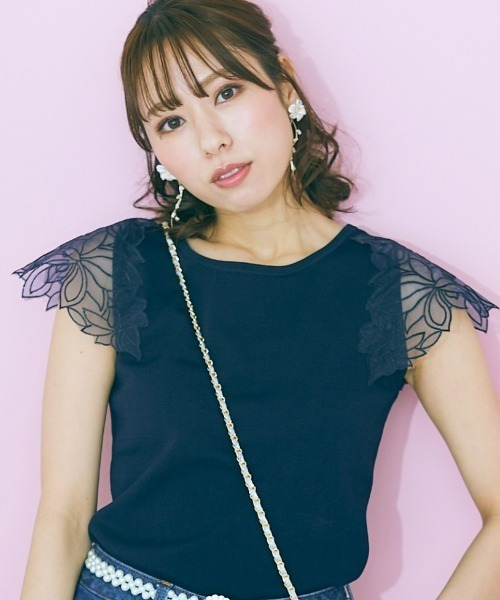 大きいサイズ レディース トップス  袖レースデザインニットトップス marun marun ニット セーター 「大きいサイズ」 袖レースデザイン