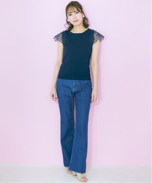 大きいサイズ レディース トップス  袖レースデザインニットトップス marun marun ニット セーター 「大きいサイズ」 袖レースデザイン