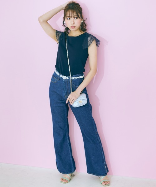 大きいサイズ レディース トップス  袖レースデザインニットトップス marun marun ニット セーター 「大きいサイズ」 袖レースデザイン