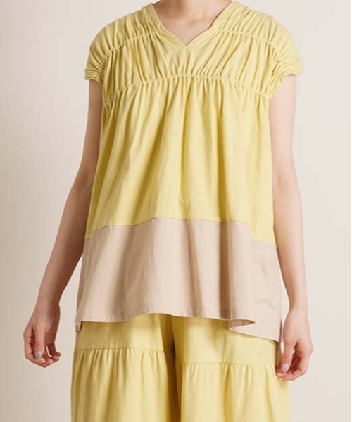 tシャツ キッドブルー -２４バイカラー天竺 -フレンチスリーブトップス -KRWN165 -kidblue レディース