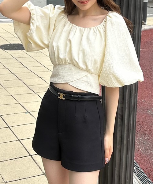 JUNOAH ブラウス シャツ パフスリーブバックリボンショート