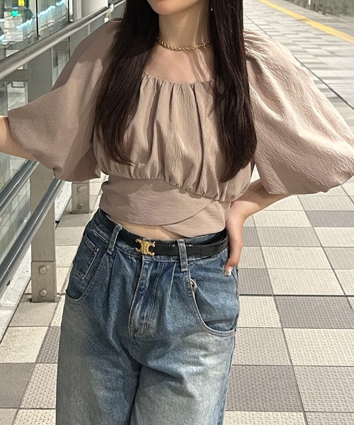 JUNOAH ブラウス シャツ パフスリーブバックリボンショート