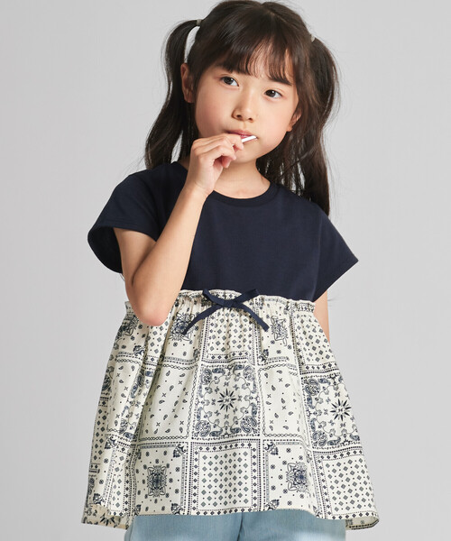 スーパービューティー 女の子プリント ギンガムチェック切り替え ロングTシャツ 2b4dd1885fc76ae24ab1a61da450c4
