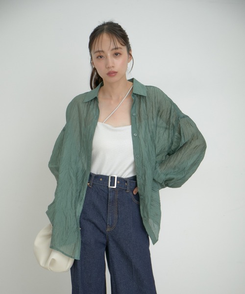 シャツ ブラウス 「洗える」シワ加工シアーシャツ レディース 