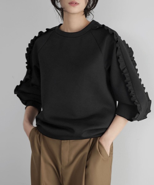 ELFRANK tシャツ 袖フリルクルーネックプルオーバー レディース