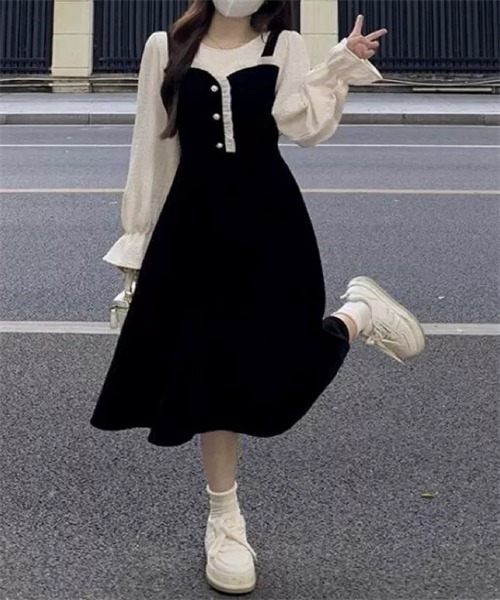 FREE STYLISTS ワンピース バイカラー異素材ドッキングワンピース
