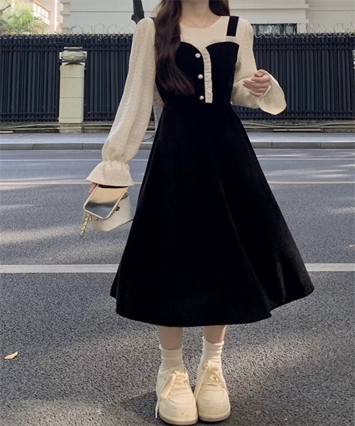 FREE STYLISTS ワンピース バイカラー異素材ドッキングワンピース