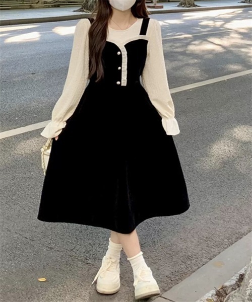 FREE STYLISTS ワンピース バイカラー異素材ドッキングワンピース