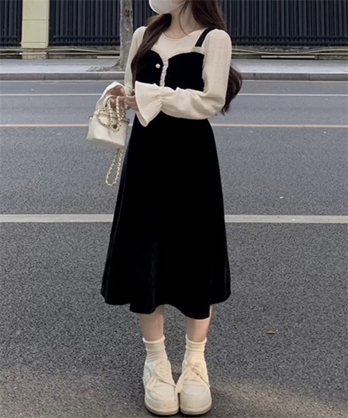 FREE STYLISTS ワンピース バイカラー異素材ドッキングワンピース