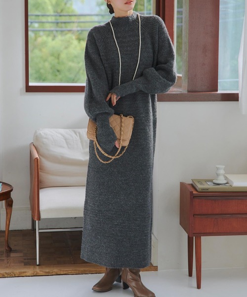 極美品 45R タートルネック リブニットワンピース 日本製 ライト