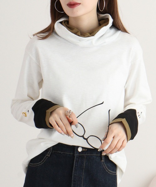 tシャツ EMAGO 画材刺繍袖切替えタートル レディース