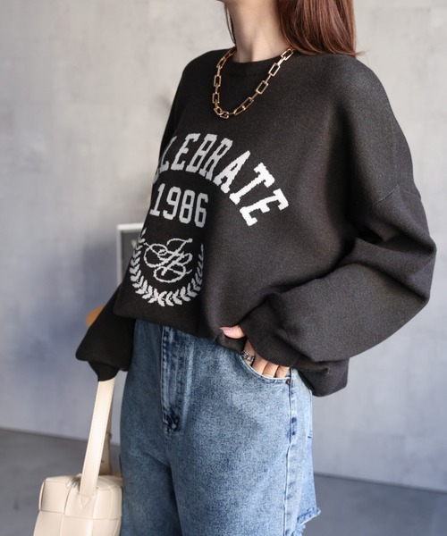 ニット セーター カレッジロゴジャガードニットトップス/ニットプルオーバー レディース sakishimatokyo ニット セーター カレッジロゴジャガードニット