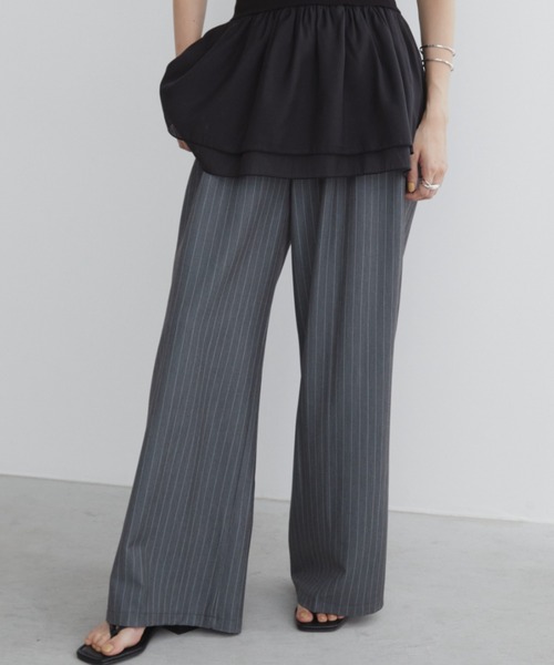PEOPLESTYLE タックパンツ ストライプ ワイドスラックス ロング Aunt Marie's スラックス パンツ ストライプタックワイド