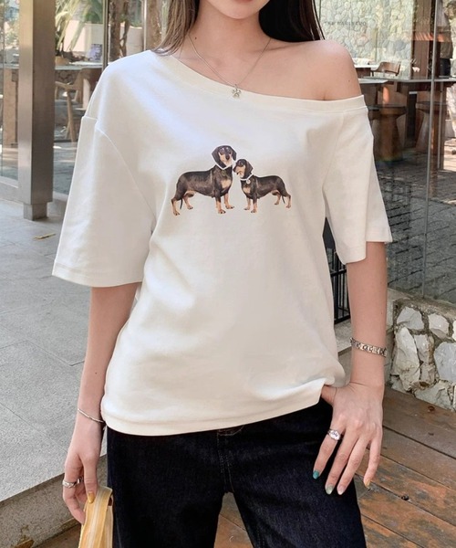 GEMEDA tシャツ ワンちゃんプリントワンショルダーTシャツ レディース