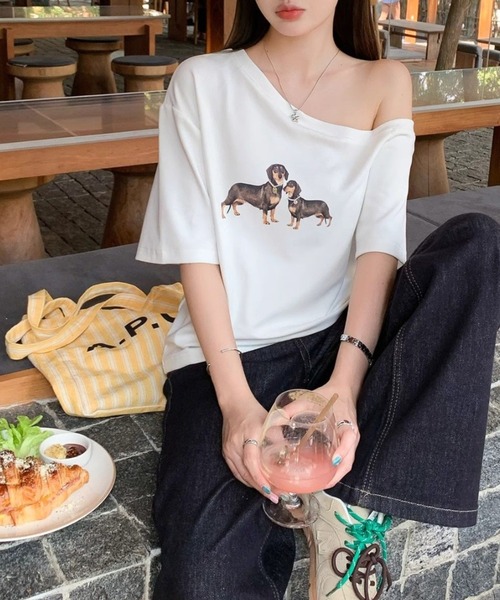 GEMEDA tシャツ ワンちゃんプリントワンショルダーTシャツ レディース