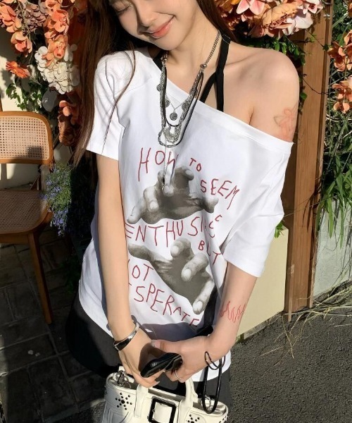 GEMEDA tシャツ ワンちゃんプリントワンショルダーTシャツ レディース