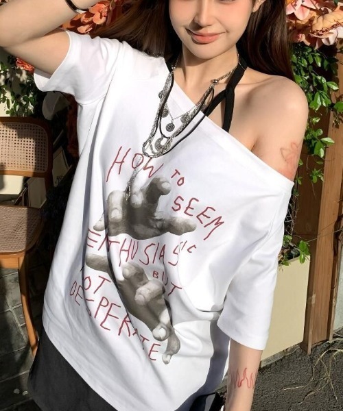 GEMEDA tシャツ ワンちゃんプリントワンショルダーTシャツ レディース