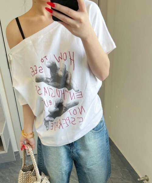 GEMEDA tシャツ ワンちゃんプリントワンショルダーTシャツ レディース