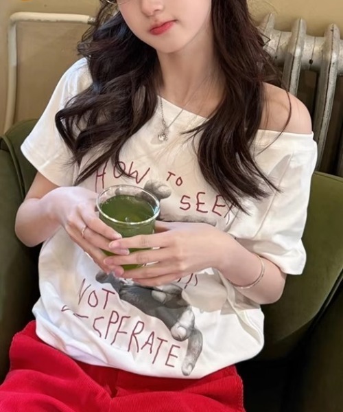 GEMEDA tシャツ ワンちゃんプリントワンショルダーTシャツ レディース