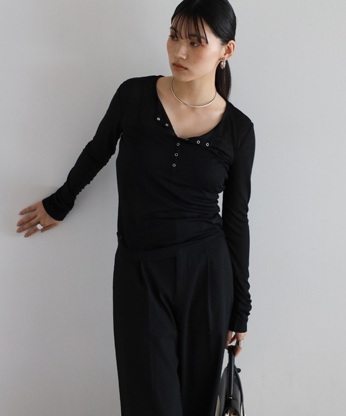 シアーヘンリーネックプルオーバー　ブラック セール】SHEER HENRY NECK LONG SLEEVE PULLOVER / シアーヘンリー