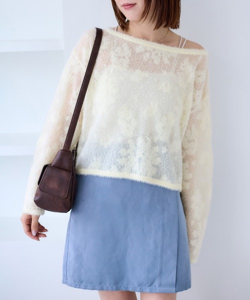 VIS（ビス） ニット セーター フラワーモチーフフェザーシアーニット