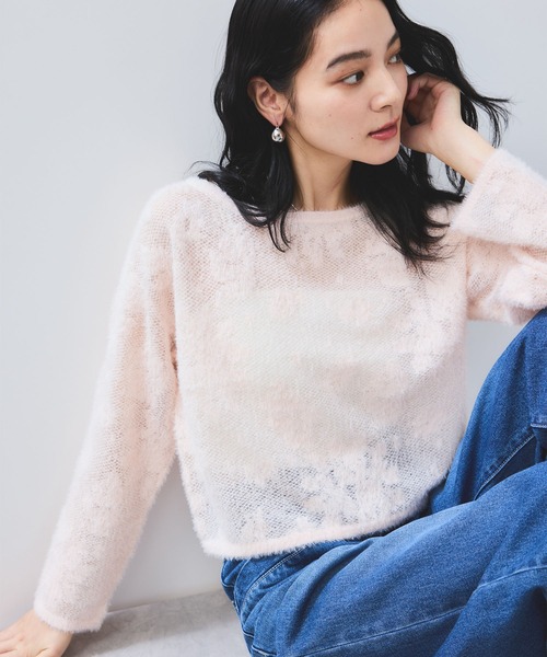 VIS（ビス） ニット セーター フラワーモチーフフェザーシアーニット