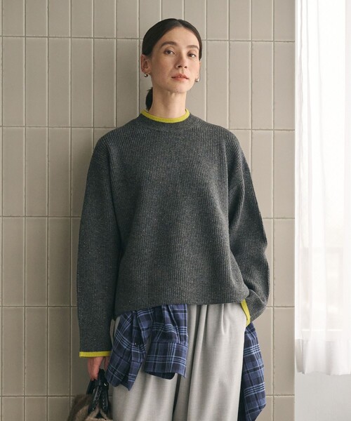 BEAUTY&YOUTH ネップカラーライン クルーネック ニットプルオーバー ネップカラーライン クルーネック ニットプルオーバー